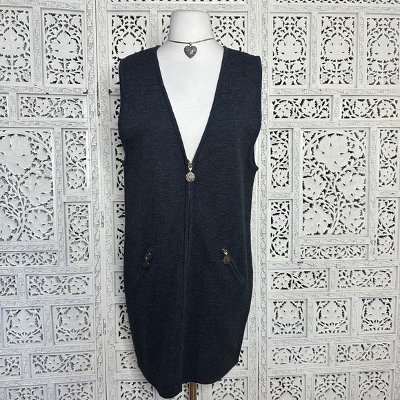 Nordstrom Dark Gray Merino Wool Full Zip Sleeveless Sweater Dress Sz Medium - Picture 1 of 7